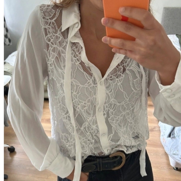 NWT Zara White Lace Top with Bow Tie Collar, Size M - Picture 5 of 9